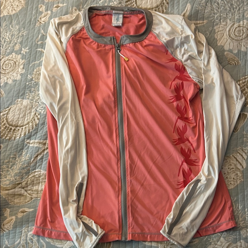 Guy Harvey Coral and Gray Zip-Up Rashguard Sunshirt.